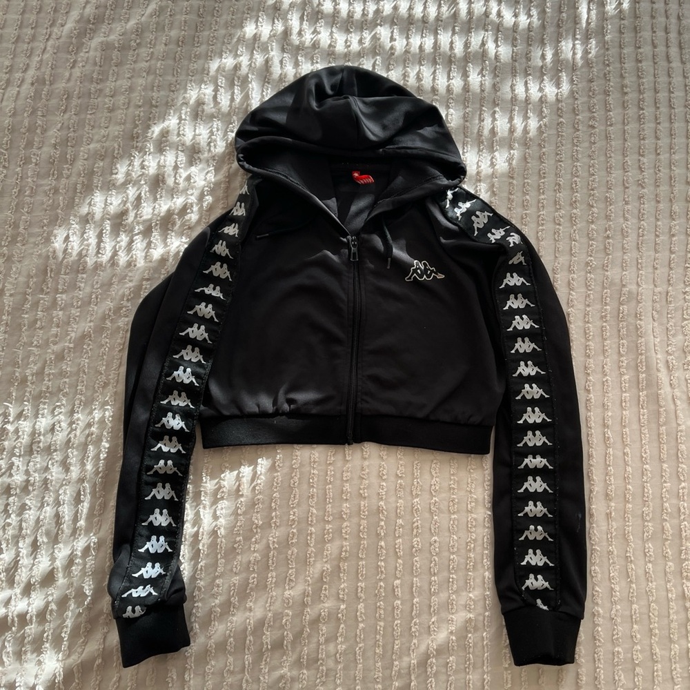 New Womens Kappa Black Cropped Track Jacket Size XS Full Zip
